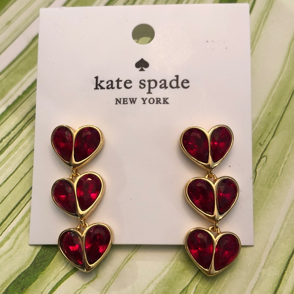 Authentic New on card. kate spade Gold-Tone Triple Red Heart Drop Earrings